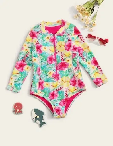 Vestido de baño para niña con estampado floral multicolor