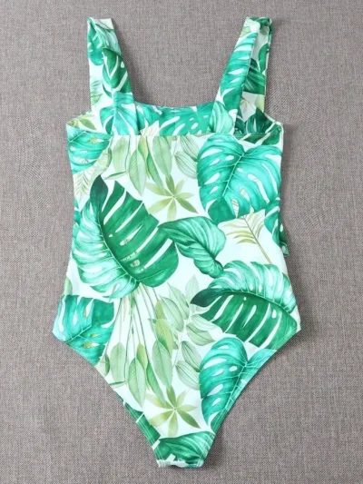 Vestido de baño para dama color verde con estampado de hojas