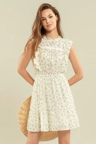Vestido para dama color blanco hueso con estampado de hojas