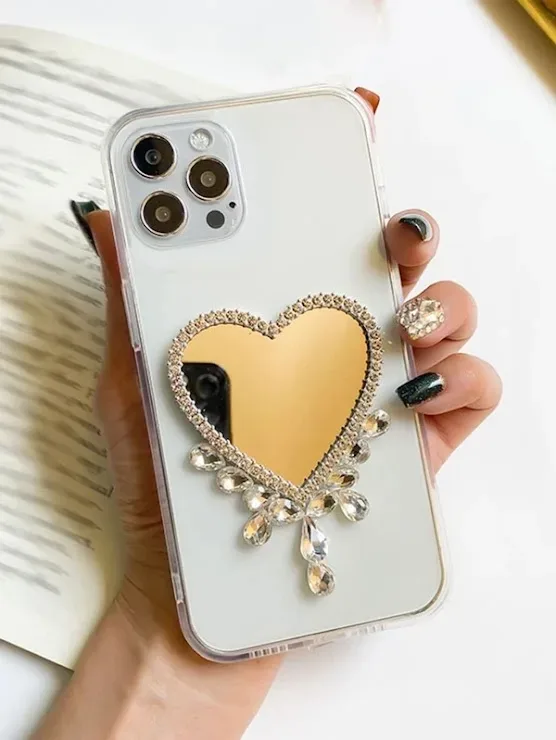 Funda para celular transparente con espejo funcional diseño de corazón