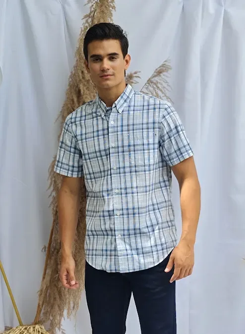 Camisa Timberland para caballero color blanco a cuadros celestes