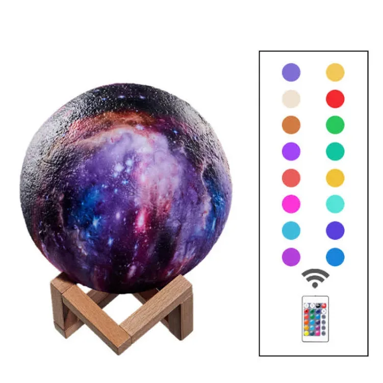 Lámpara LED en forma de planeta multicolor, con patas de madera y control