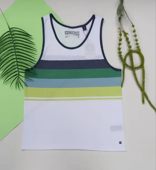 Camiseta Micros para caballero color blanca con rayas verdes azules y verde limón