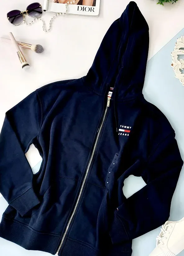 Abrigo Tommy Hilfiger para dama color azul con ziper y gorro