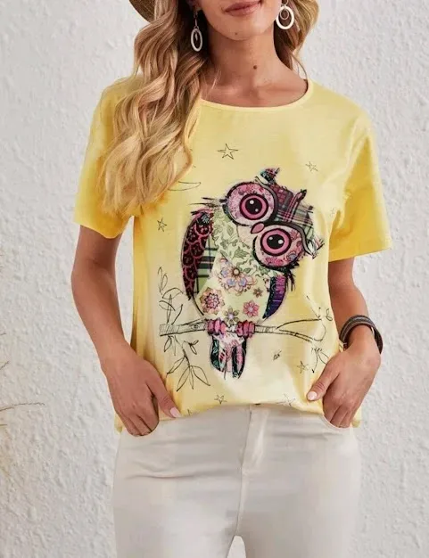 Camiseta para dama color amarillo con dibujo de búho