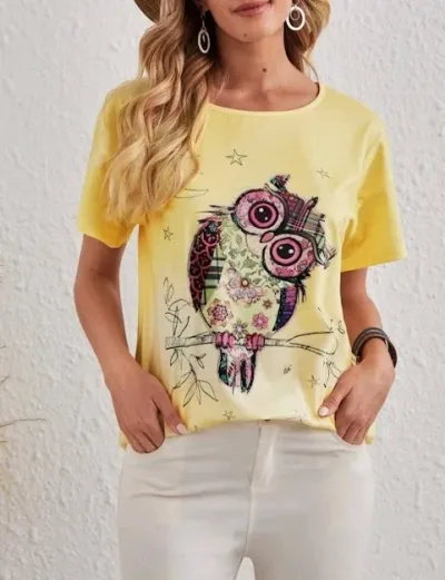 Camiseta para dama color amarillo con dibujo de búho