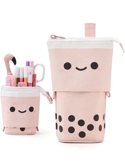 Cartuchera con diseño de té de burbujas color rosa