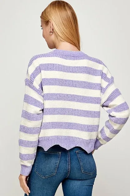 Abrigo para dama de rayas color lila y beige