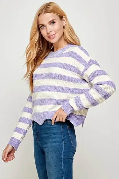 Abrigo para dama de rayas color lila y beige