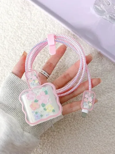 Funda protectora para cargador rosa diseño flores