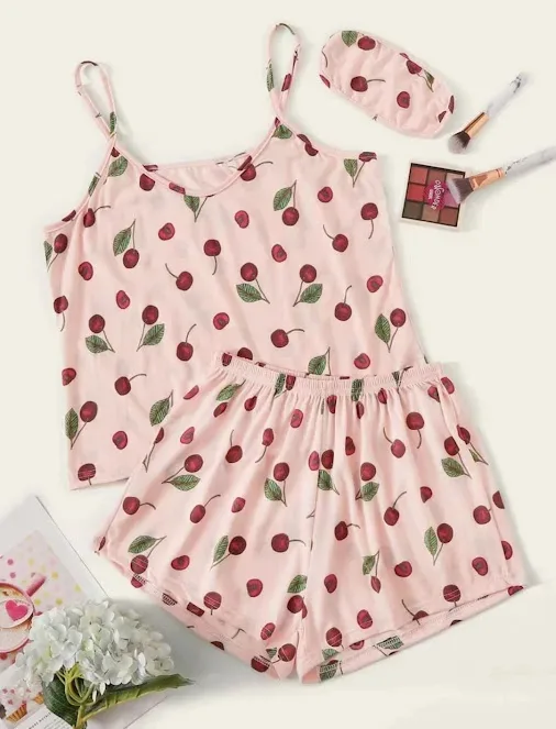 Pijama para dama color rosado con estampado de cerezas