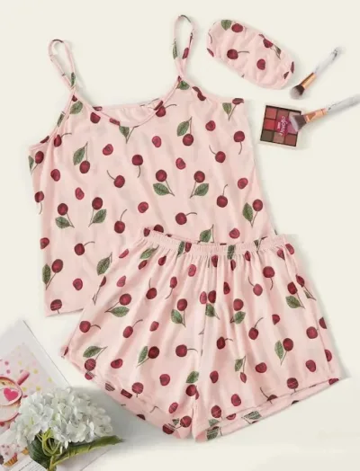 Pijama para dama color rosado con estampado de cerezas