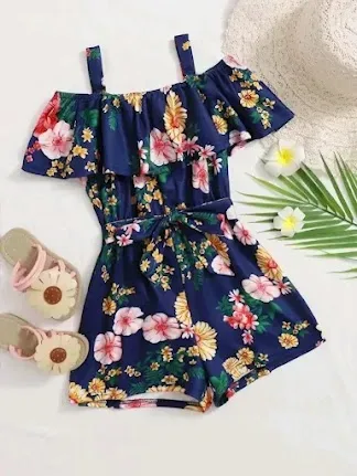 Enterizo para niña color azul con diseño floral