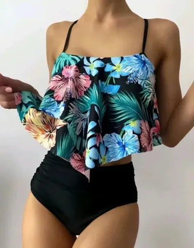 Vestido de baño para dama estampado tropical de dos piezas