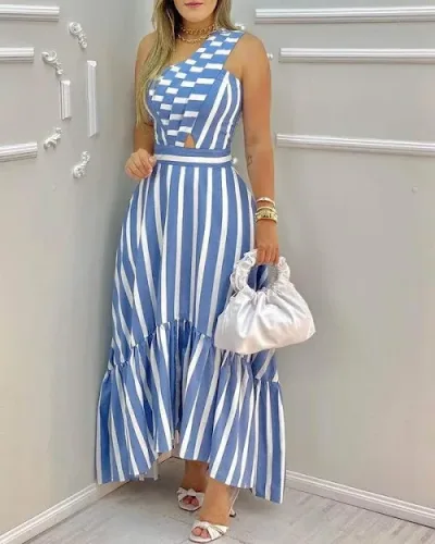 Maxi vestido para dama de rayas color blanco y celeste