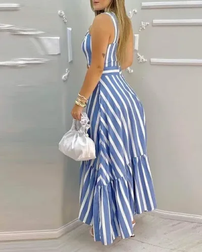 Maxi vestido para dama de rayas color blanco y celeste