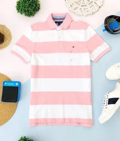 Camiseta Tommy Hilfiger para caballero diseño a rayas color rosa y blanco