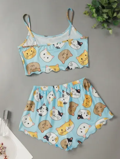 Pijamas para dama color celeste con estampado de gatos