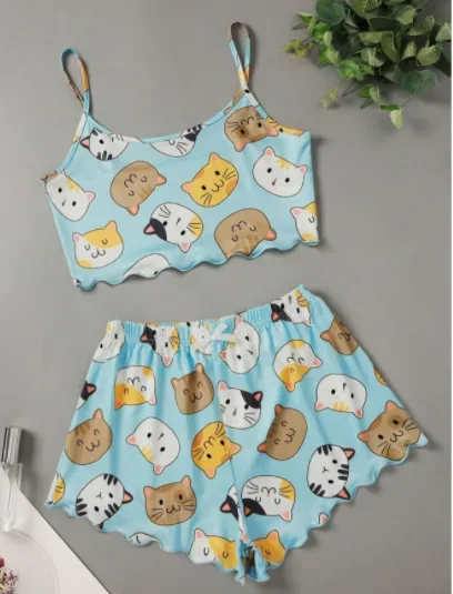 Pijamas para dama color celeste con estampado de gatos