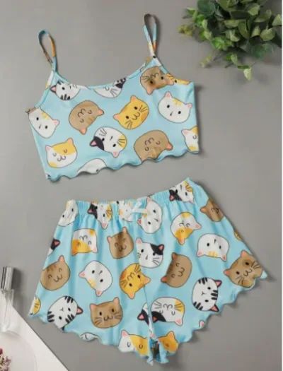 Pijamas para dama color celeste con estampado de gatos