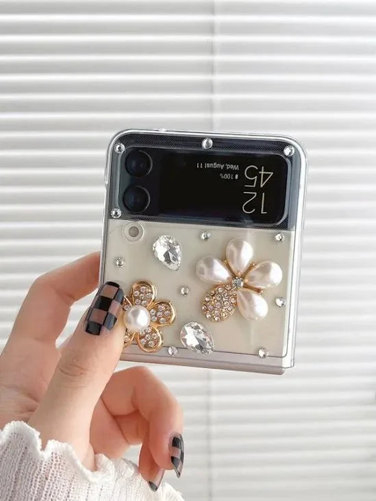 Funda para celular trasnparente con diseño de piedras de flores