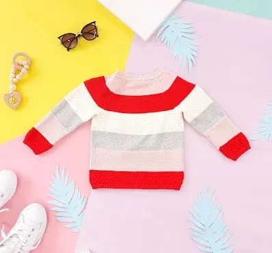 Sueter HyM para niña diseño de rayas roja rosada gris y blanco