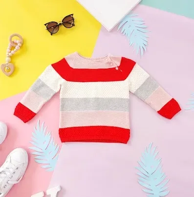 Sueter HyM para niña diseño de rayas roja rosada gris y blanco