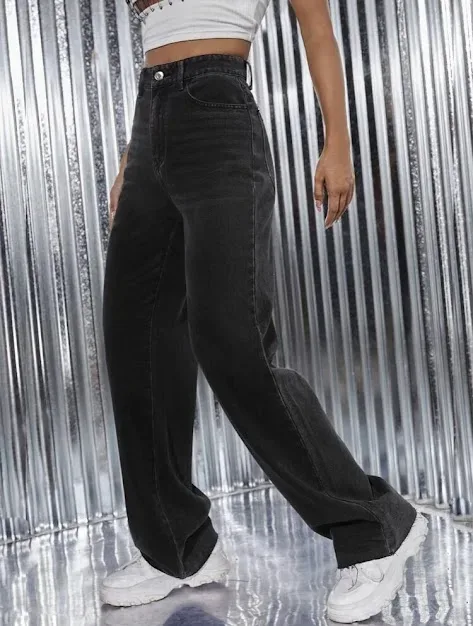 Jeans para dama high rise corte ancho color gris