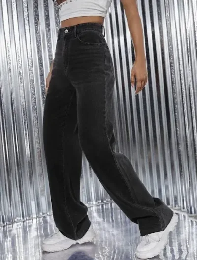 Jeans para dama high rise corte ancho color gris