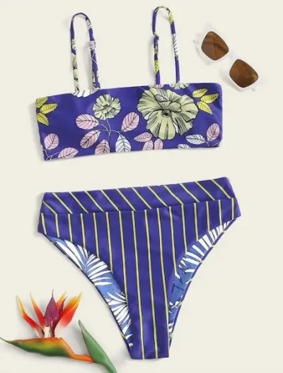 Vestido de baño para dama de dos piezas color azul con estampado de flores