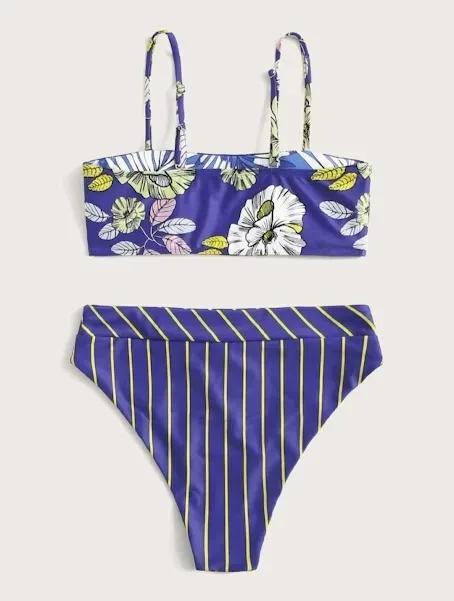 Vestido de baño para dama de dos piezas color azul con estampado de flores