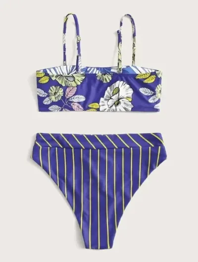 Vestido de baño para dama de dos piezas color azul con estampado de flores