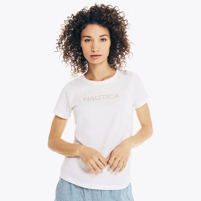 Camiseta nautica para dama blanca con letras doradas