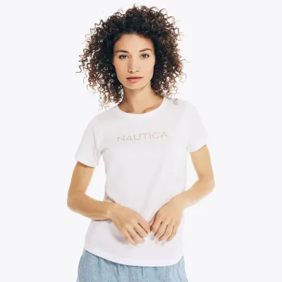 Camiseta nautica para dama blanca con letras doradas