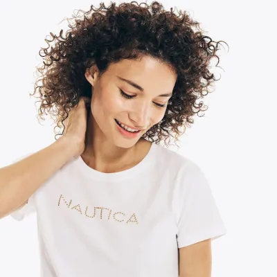 Camiseta nautica para dama blanca con letras doradas