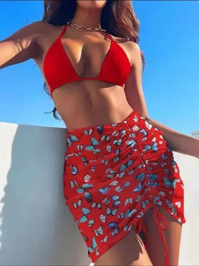 Vestido de baño para dama color rojo con diseño de mariposas