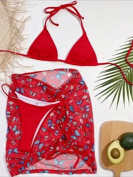 Vestido de baño para dama color rojo con diseño de mariposas