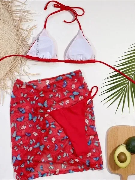 Vestido de baño para dama color rojo con diseño de mariposas
