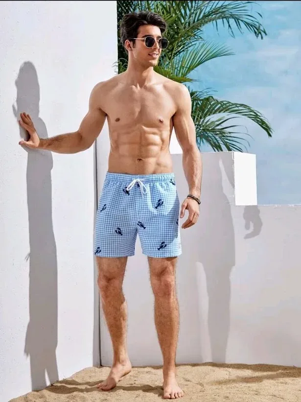 Bañador para caballero diseño a cuadros color celeste y blanco