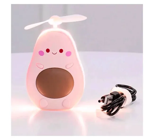 Espejo cosmético con ventilador en forma de aguacate color rosa.