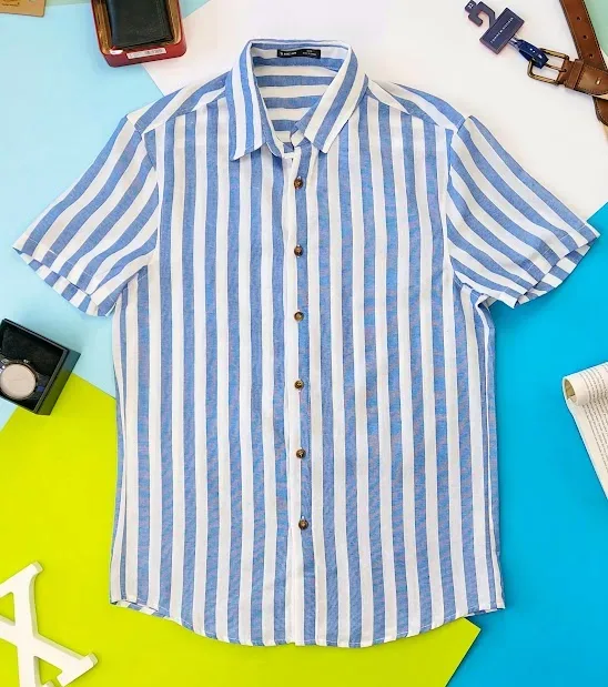 Camisa para caballero diseño a rayas color celeste y blanco