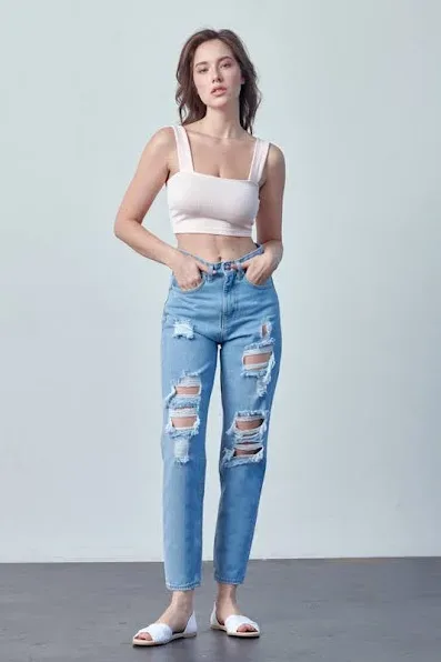 Mom Jeans para dama color azul mezclilla M0736