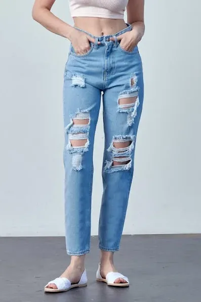 Mom Jeans para dama color azul mezclilla M0736