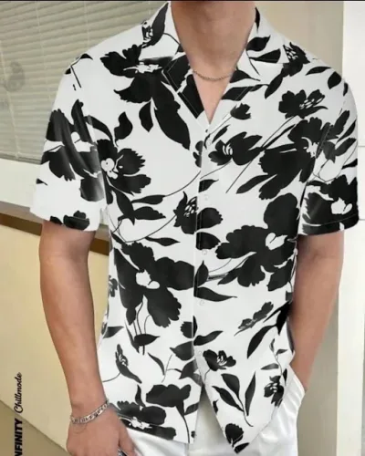 Camisa para caballero con estampado floreado color blanco y negro