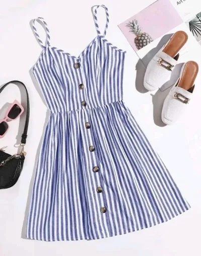 Vestido para dama color celeste con rayas blancas