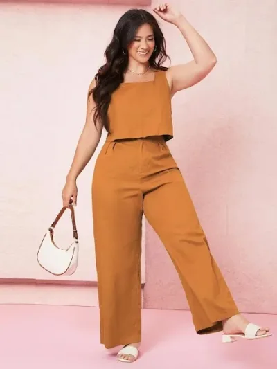 Conjunto top para dama unicolor con pantalones de pierna ancha