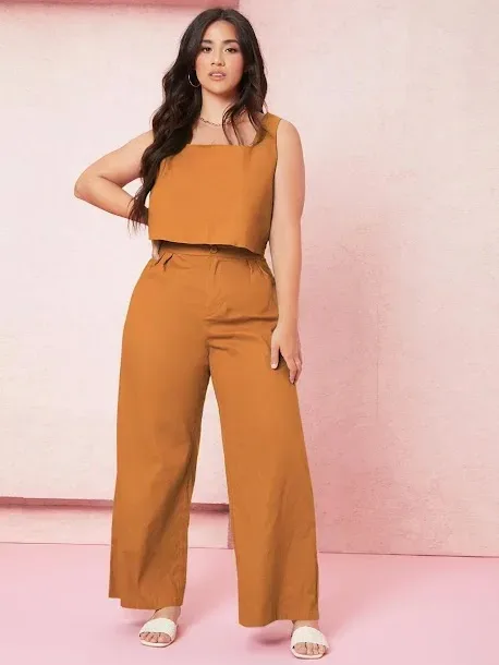 Conjunto top para dama unicolor con pantalones de pierna ancha