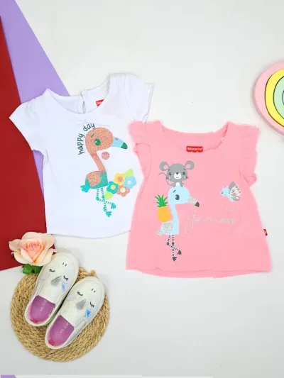 Set de dos camisetas para niña color rosa y blanco
