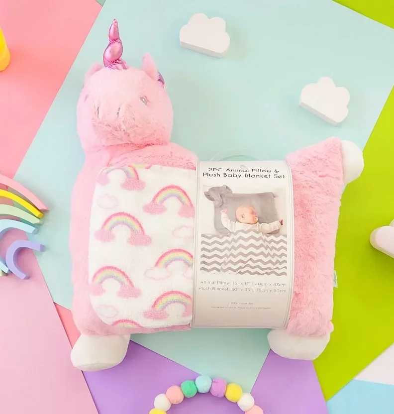 Conjunto de almohada y cobija con diseño de unicornio