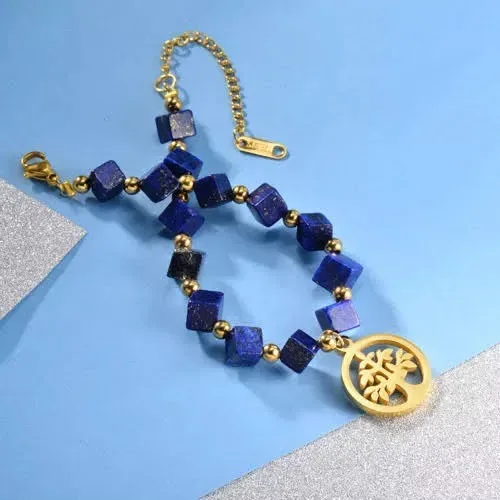Pulsera de piedra natural para dama color azul y dorado